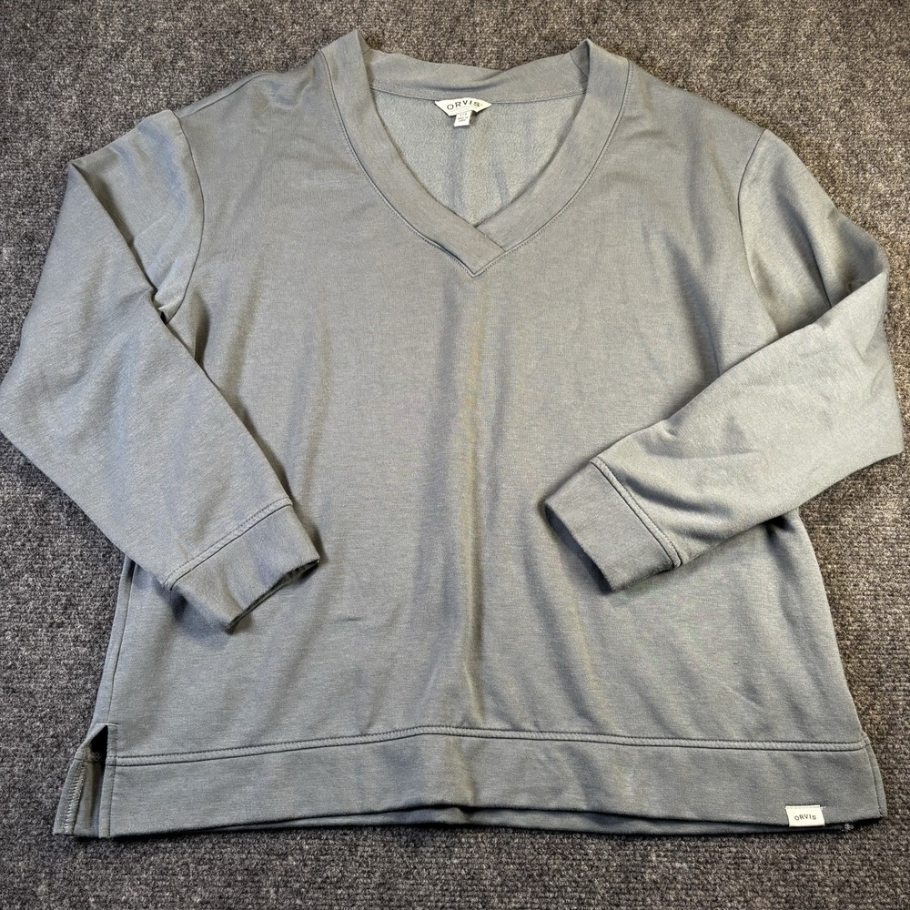 Orvis Pullover Sweatshirt Womens Large Blue Gray V-Neck Modal Blend Athleisure‎